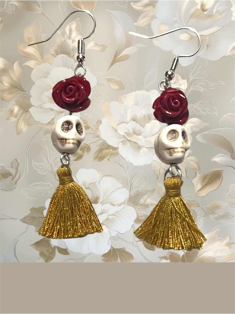 Handcrafted Red Rose & Gold Tassel Skull Earrings